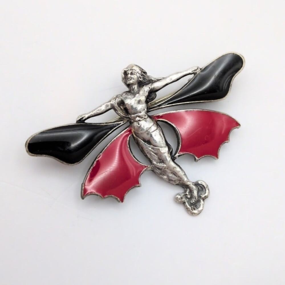 Vtg Art Nouveau Winged Fairy Silver Tone Black Red Enamel Brooch Trombone Clasp